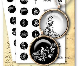 DIGITAL Floral Black & White 1 inch Circles - Digital Collage Sheet Download