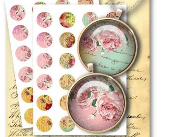 DIGITAL Shabby Chic Roses 1 inch Circles for Jewelry Pendants - Digital Collage Sheet Download -624- Instant Download Printables