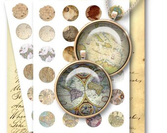 DIGITAL World Maps 1 inch Circles for Jewelry Pendants - Digital Collage Sheet Download -421 - Instant Download Printables