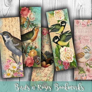 Birds & Roses Bookmarks: Printable Collage Sheet (Digital Download)