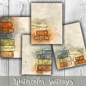 Maletas apiladas de acuarela DIGITAL - Hoja de collage digital de viaje - Imprimibles de papel digital