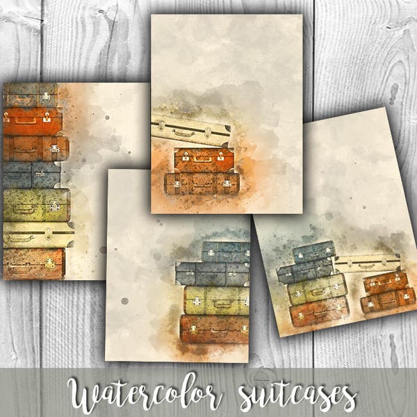 DIGITAL Watercolor Stacked Suitcases - Travel Digital Collage Sheet - Digital Paper Printables