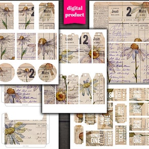 DIGITAL Vintage Botanical Junk Journal Kit - Afdrukbare botanische kaarten, Tags, pagina's, zakken, tickets en cirkels - VBM2543