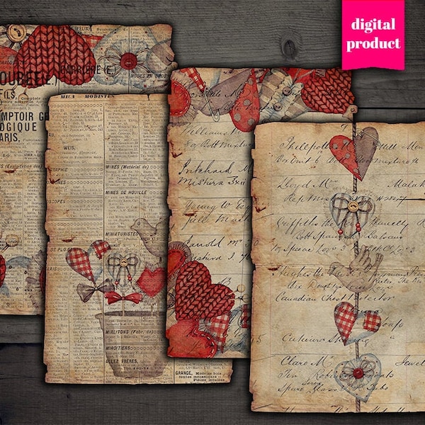 DIGITAL Grunge Valentines Ephemera - Printable Vintage Valentines Digital Paper - VBM2408