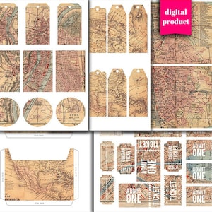 May include: A digital download of vintage map themed printable tags, tickets, and circles. The printable designs feature old maps of cities and regions, including Lyon, France. The text "ADMIT ONE" appears on several of the tickets.