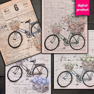 DIGITAL Fahrrad Blumenwagen Ephemera - Ausdruckbare Vintage Floral Papiere Download - VBM2454