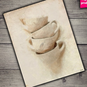 May include: A digital painting of three stacked ceramic cups in shades of beige and brown. The cups are drawn with a soft, textured brushstroke, giving the image a vintage feel.