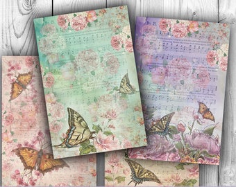 DIGITAL Digital Collage Sheet Download - Butterflies & Roses Digital Scrapbooking Papers - Instant Download Printables