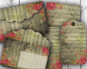 Digital Images - Digital Collage Sheet Download - Floral Music Sheet Envelopes, Tags & Cards - Digital Paper - Instant Download Printables