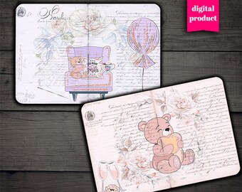 DIGITAL Valentines Teddy Bear Junk Journal Pages - Printable Vintage Valentines Digital Paper - VBM2390