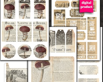 DIGITAL Vintage Junk Journal Kit - Ausdruckbare Botanische Seiten, Taschen, Tags, Kreise und Tickets - VBM2417