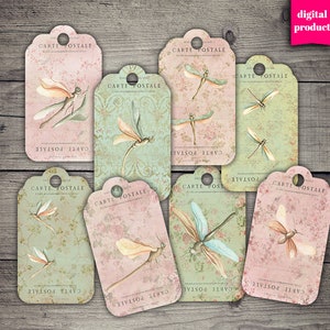 DIGITAL Floral Carte Postale Scalloped Tags  - Dragonfly Digital Gift tags Download - VBM2690