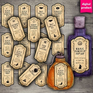 May include: A set of 15 printable Halloween potion bottle labels with vintage-inspired designs. The labels feature various potion names like "Witch Spell Remover Mix", "Ghost Expose Powder", and "Magic Pumpkin Potion".