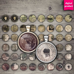 DIGITALE 1 inch cirkels voor cabochons, kroonkurken en sieradenhangers - afdrukbare grunge post 1 inch cirkels - VBM2681
