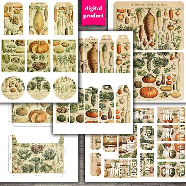 DIGITAL Vintage Botanical Junk Journal Kit - Printable Vintage Plant and Vegetable Images for Junk Journals - VBM2610