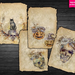 Grunge Halloween Paper: Vintage Skulls, Pumpkins, Black Cat (Digital Download)