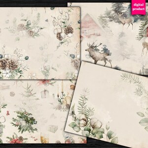 May include: A set of four digital paper backgrounds featuring a wintery woodland theme. The papers feature a variety of elements, including deer, snow, trees, and flowers. The papers are perfect for creating cards, invitations, scrapbook pages, and other paper crafts.