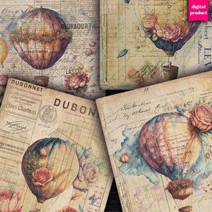 DIGITALE Vintage Travel Ephemera - Digital Hot Air Balloon Paper Download - Grunge Postal Junk Journal Ephemera Travel Kit - VBM2950