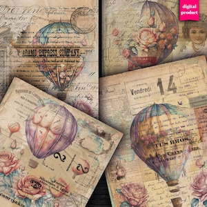 DIGITALE Vintage Travel Ephemera - Digital Hot Air Balloon Paper Download - Grunge Postal Junk Journal Ephemera Travel Kit - VBM2949