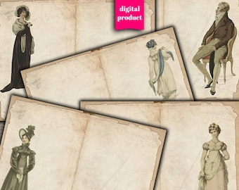 May include: Four vintage illustrations of people in antique clothing. The illustrations are on a textured, aged paper background. The illustrations are in a light brown, cream, and black color scheme.