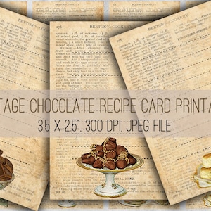 May include: Eight printable vintage recipe cards featuring chocolate recipes. Each card has a different image of chocolate treats, including chocolate squares, truffles, and scones. The cards are 3.5 inches by 2.5 inches and 300 DPI.
