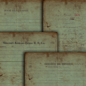 May include: A collage of aged paper documents with faded text. The documents include "ROCK ISLAND LINES", "Missouri-Kansas-Texas R. R. Co.", and "CONSOLIDATED RAIL CORPORATION" train order forms. One document is a stock certificate.