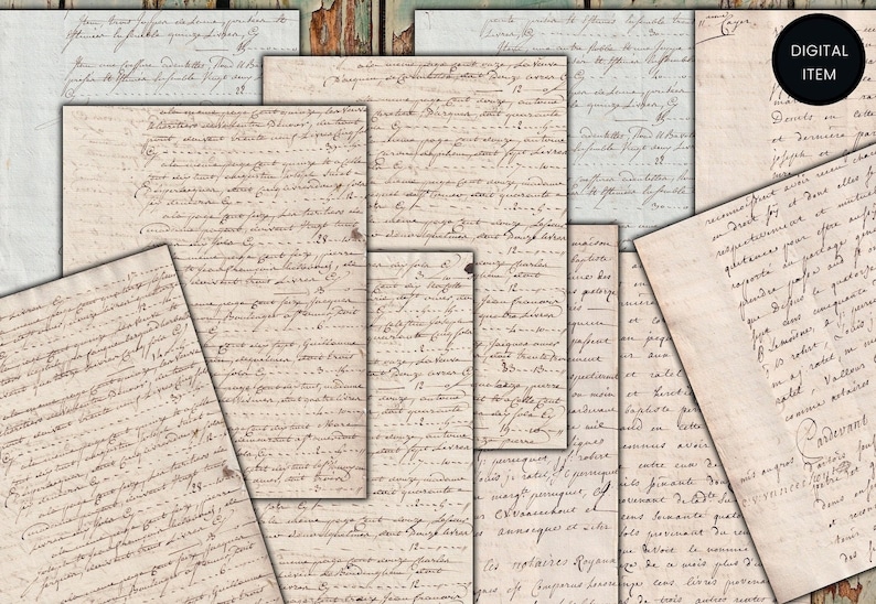 May include: A collection of vintage paper textures with handwritten text in black ink. The papers have a worn and aged appearance, with some showing signs of tearing and discoloration.