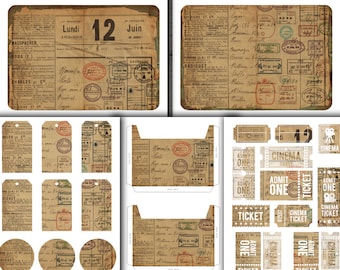 Digital vintage Travel Ephemera Digital Junk Journal Kit - Pages imprimables, Poches, Tags, Cercles et Billets - VBM2282