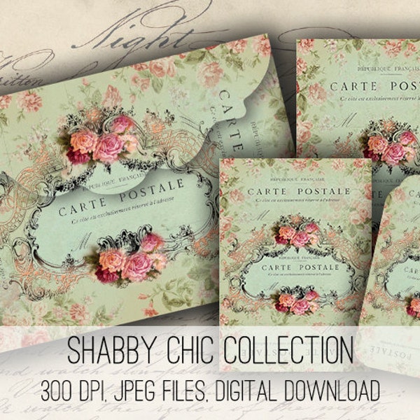 Shabby Floral Envelopes, Tags & Cards - Digital Collage Sheet Download -1143- Digital Paper - Instant Download Printables