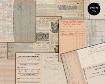 Vintage Ephemera Digital Paper: Receipts, Ledgers, Newspapers (Digital Download)