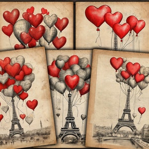Papel digital de San Valentín París, Corazones rojos, Globos, Francés, Torre Eiffel, Descarga del kit de diario basura de San Valentín imprimible - VBM3290