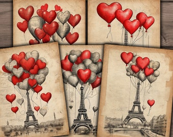 Valentines Paris Digital Paper, Red Hearts, Balloons, French, Eiffel Tower, Printable Valentines Junk Journal Kit Download - VBM3290