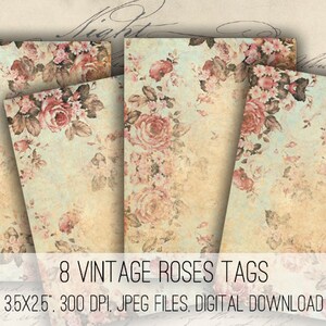 Shabby Chic Floral Anhänger: Vintage Rose Collage (Digitaler Download)
