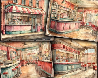 May include: Four watercolor illustrations of a vintage diner interior. The first image shows the exterior of the diner with a red and white striped awning. The second image shows the interior of the diner with a counter and stools. The third image shows a close-up of the counter with stools. The fourth image shows the interior of the diner with a large window.