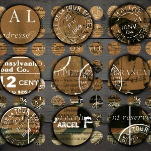 May include: A collection of vintage-style round paper labels with various text and designs, including "AL dresse", "Cnsylvanho oad Co. 12 CENT", "DE LA TOUR", "BALLGE", "RANCAM", "Dopisni stverein", "ARCEL P", and "DE LA TOUR".
