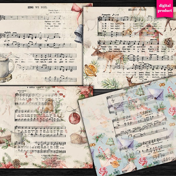 DIGITAL Christmas Music Sheets - Vintage Christmas Songs Digital Papers Download - VBM2833