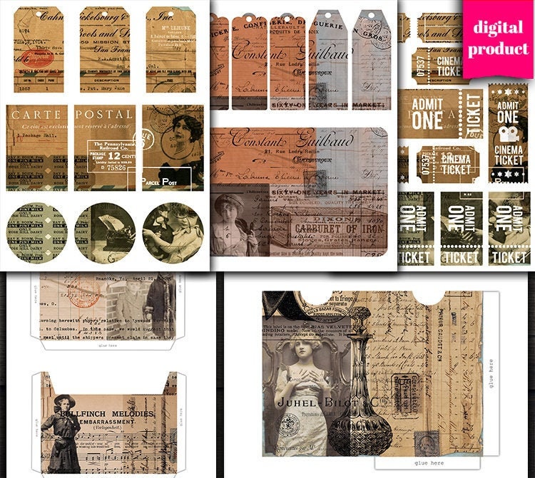 DIGITAL Vintage Junk Journal Kit - Printable Grunge Ephemera