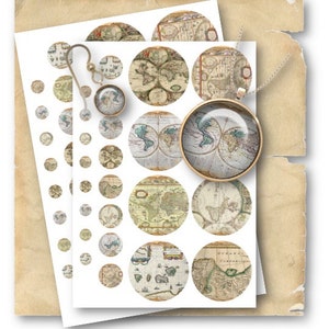 DIGITAL World Maps 1/2, 1 & 2,5 inch Cirkels voor sieraden hangers - Digital Collage Sheet Download -750- Instant Download Printables