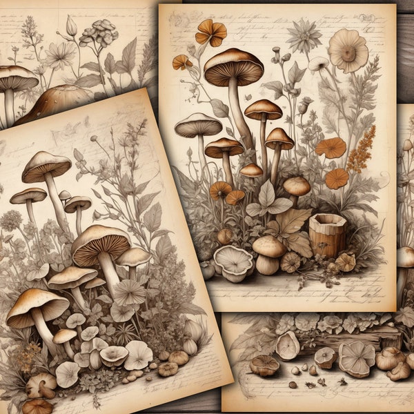 Vintage Botanicals, Mushrooms, Fungi, Herbs, Green Witch Grimoire Pages, Digital Botanical Junk Journaling Kit, Botanical Ephemera - VBM3024