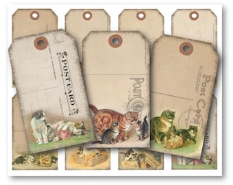 DIGITAL Cats Postcard Tags Digital Collage Sheet Download - 761 - Digital Paper - Instant Download Printables