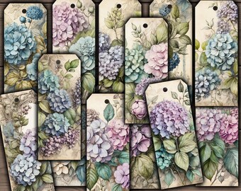 Vintage Floral Gift Tags, Printable Large Gift Tags for Junk Journaling and Scrapbooking, Botanical, Hydrangeas ATC download - VBM3311