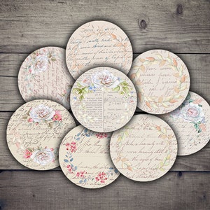 Coroa floral digital efêmera manuscrita - círculos digitais de 2,5 polegadas - folha de colagem digital para impressão