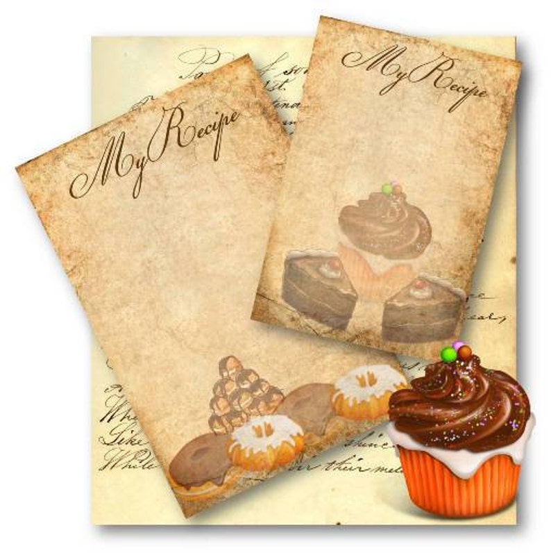 May include: Two vintage recipe cards with a brown background and the text "My Recipe" in a decorative script font. The cards are decorated with images of cupcakes and other pastries.