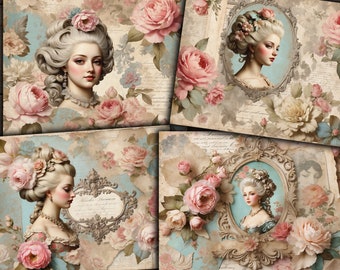 Junk Journal Printable, Shabby Roses, Scrapbook Layout, Marie Antoinette, Victorian Ephemera, Digital Collage Sheet download - VBM3234