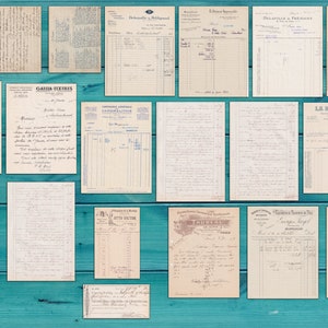 May include: A collection of vintage receipts and invoices, some with handwritten text, on a blue wooden background. The receipts are from various businesses, including "Hutchinson", "Le Nationale", "Garie Textiles", and "Etablissements Bournat".