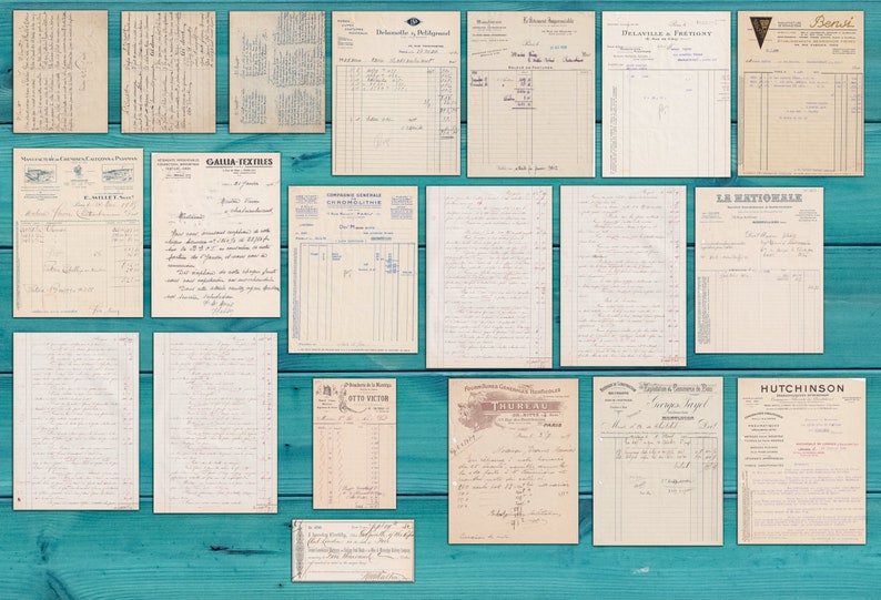 May include: A collection of vintage receipts and invoices, some with handwritten text, on a blue wooden background. The receipts are from various businesses, including "Hutchinson", "Le Nationale", "Garie Textiles", and "Etablissements Bournat".