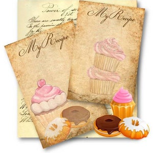 May include: Three printable recipe cards with a vintage aesthetic. Each card features the text "My Recipe" and a watercolor illustration of cupcakes.