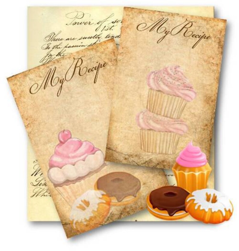 May include: Three printable recipe cards with a vintage aesthetic. Each card features the text "My Recipe" and a watercolor illustration of cupcakes.