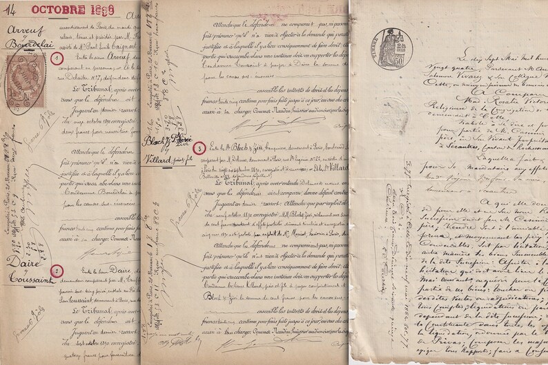May include: A close-up of a handwritten document with several stamps and signatures. The document is dated October 14, 1859. The text is in French.