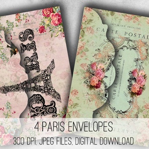DIGITAL Paris Envelopes Digital Collage Sheet Pobierz -1036- Papier cyfrowy - Natychmiastowe pobieranie materiałów do druku